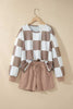 Red Checkerboard Plaid Long Sleeve Solid Color Shorts 2pcs Set