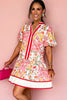 Pink Color Block Floral Print Contrast Trim V Neck Ruffle Hem Mini Dress