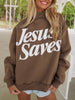 Fiery Red Jesus Saves Slogan Print Stand Neck Baggy Sweatshirt
