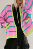 Pink Stripe Colorblock Drop Shoulder Buttoned Loose Cardigan