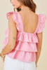 Pink Tiered Heart Trim Square Neck Flutter Top
