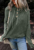 Mist Green Mineral Wash Ribbed Knit Button Drawstring Neck Hooded Sweater