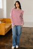 Red Stripe Round Neck Ruffle Trim Long Sleeve Top