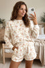 Beige Floral Print Long Sleeve Shift Top Pocketed Shorts 2pcs Set