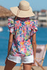 Pink Tropical Floral Print Frilly Notched Neck Ruffled Short Sleeve Blouse