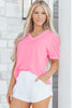 Bonbon Solid Color V Neck Short Puff Sleeve Blouse