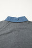 Carbon Grey Denim Color Block Patchwork Shirt Collar Short Sleeve Blouse