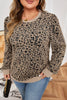 Khaki Leopard Textured Ribbed Trim Plus Size Long Sleeve Top
