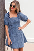 Blue Frilly Square Neck Bustier Puff Sleeve Short Denim Dress