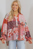 Red Boho Geometric Mixed Print Patchwork Bubble Sleeve Shirt