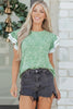 Clearly Aqua Twilled Print Lace Trim Ruffled Short Sleeve Blouse