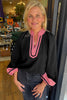 Black Color Block Patchwork Detail V Neck Textured Long Sleeve Blouse