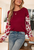 Wild Ginger Contrast Floral Sleeve Solid Ribbed Body Patchwork Long Sleeve Top