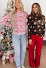 Black Santa Print Sheer Stand Neck Long Sleeve Top