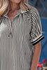 Black Stripe Polo Collar Half Zip Short Puff Sleeve Blouse