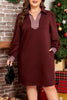 Coffee Contrast Plaid Trim Patchwork Collared Plus Size Shift Mini Dress