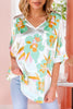 Green Floral Print Loose Fit V Neck Half Sleeve Blouse