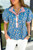 Blue Retro Floral Print Striped Trim Button Neck Short Sleeve Blouse