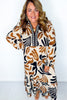 White Plus Size Abstract Print Contrast Collar Split Neck Shift Long Dress