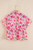 Pink Floral Boxy Fit Ruffled Short Sleeve V Neck Blouse