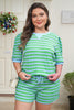 Green Stripe Plus Size Colorblock Detail Puff Sleeve Top Drawstring Shorts 2pcs Outfit