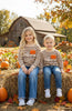 UNISEX BROWN STRIPE ON IVORY KNIT SWEATER W/ PUMPKIN ON A TRUCK.