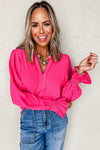 Rose Red Solid Color Shirred Cuff Notch V Neck Blouse