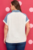 Beige Plus Size Contrast Denim Patchwork Cuffed Sleeve Polo Tee