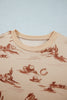 Beige Western Print Loose Fit Long Sleeve Top Short Set