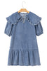 Dusk Blue Ruffled Collared Side Pockets Puff Sleeve Denim Mini Dress