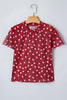 Racing Red Allover Heart Print Mesh Short Sleeve Top