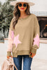 Rose Pink Contrast Star Patchwork Exposed Seam Uneven Hem Drop Shoulder Sweatshirt
