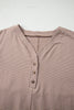 Khaki Stripe Buttoned V Neck High Low Side Slit T Shirt