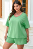 Mint Green Plus Size V Neck Tee Patched Pocket Drawstring Shorts Set