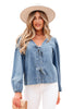 Dusk Blue Tied Front Long Puff Sleeve Denim Top