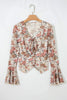 Red Floral Print Stitched Detail Tie V Neck Long Bell Sleeve Blouse