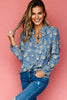 Sky Blue Fall Floral Half Placket Collared V Neck Blouse