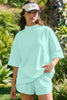 Light Pink Solid Color Exposed Seam Mock Neck Oversize Tee Casual Shorts 2pcs Outfit