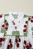 White Frilled V Neck 3/4 Sleeve Loose Floral Dress