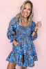 Blue Smocked Bodice High Waist Ruffled Sleeve Floral Dress