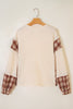 Beige Waffle Textured V Neck Plaid Colorblock Drop Shoulder Long Sleeve Top