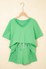 Mint Green V Neck Drop Shoulder Tee and Patchwork Drawstring Shorts Set