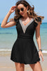 Black Ruffled Short Sleeve Lace Trim V Neck One Piece Swim Dress
