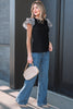 Black Contrast Leopard Ruffled Short Sleeve Ribbed Knit Top