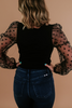 Black Polka Dot Mesh Puff Sleeve Patchwork Ribbed Square Neck Slim Top