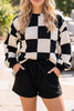 Red Checkerboard Plaid Long Sleeve Solid Color Shorts 2pcs Set