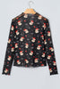 Black Santa Print Sheer Stand Neck Long Sleeve Top