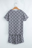 Gray Checkered V Neck Tee Drawstring Shorts Lounge Set