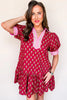 Red Floral Print Contrasted V Neck Short Bubble Sleeve Mini Dress