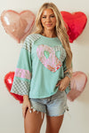 Beige Plaid Floral Peace Heart Graphic Wide Long Sleeve Top